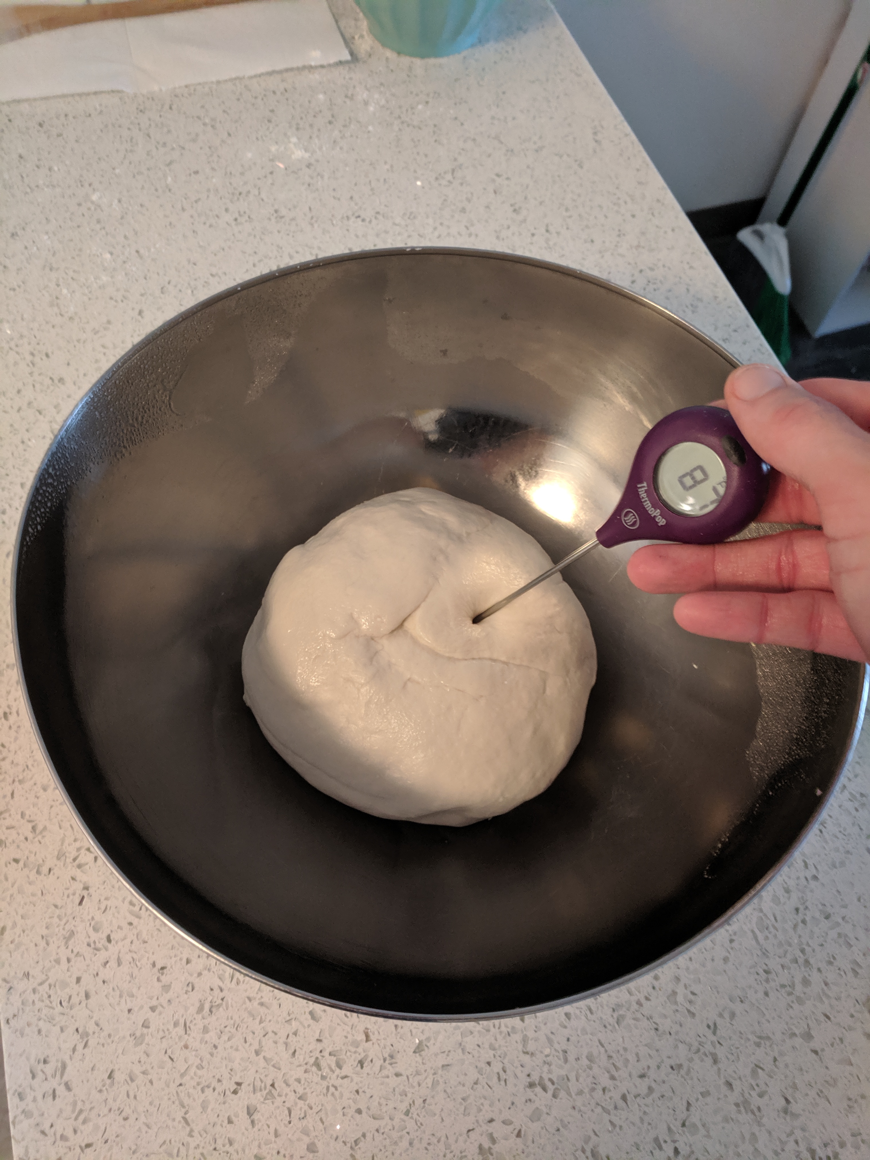 A thermometer, pushed into a ball of kneaded dough, reads "87º".