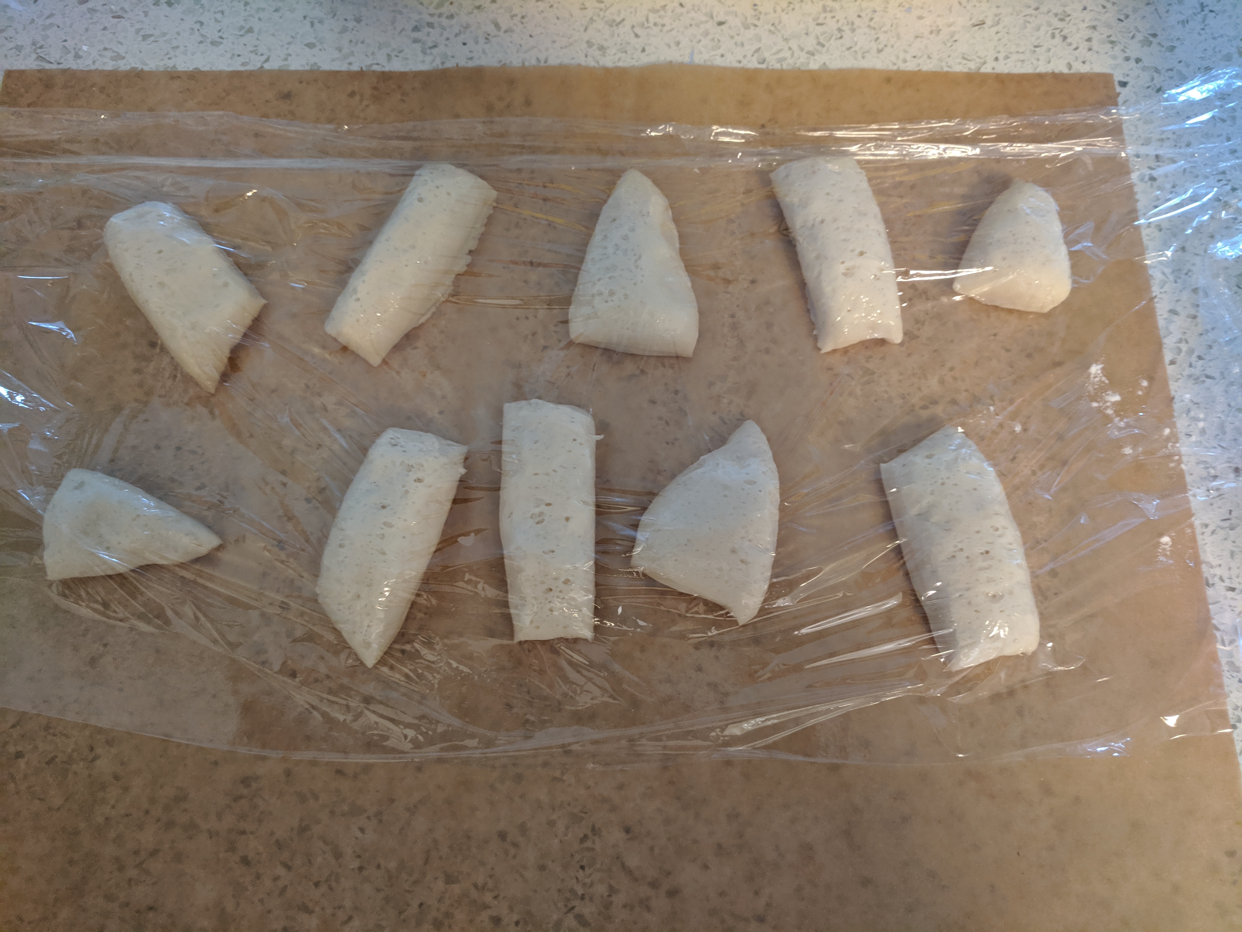 Ten pieces of sourdough starter covered loosely in plastic wrap.